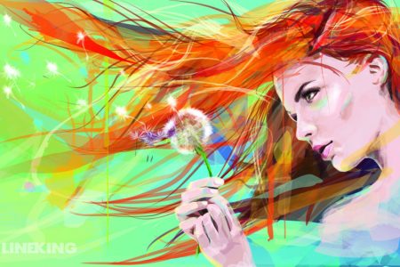 A computer generated graphic image of a woman in an impressionist style painting. She has long red hair which merges into a bright green and blue background.